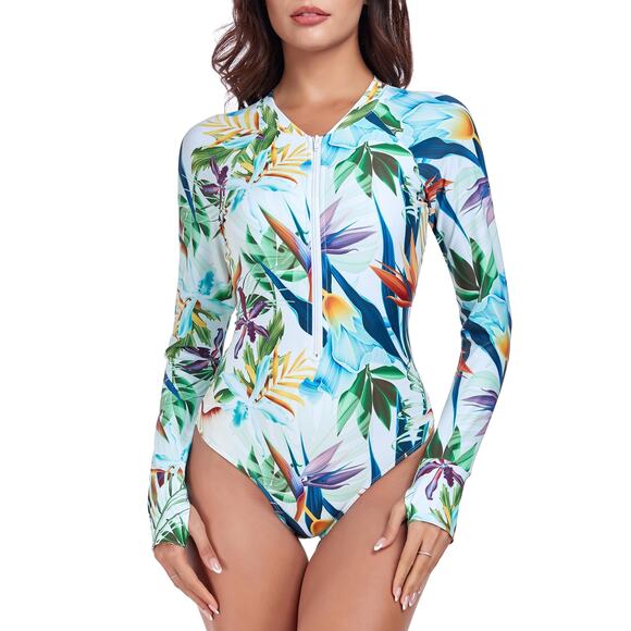 NWT Women's Leaf Print Long Sleeve Rash Guard One Piece Size Medium - Picture 9 of 9
